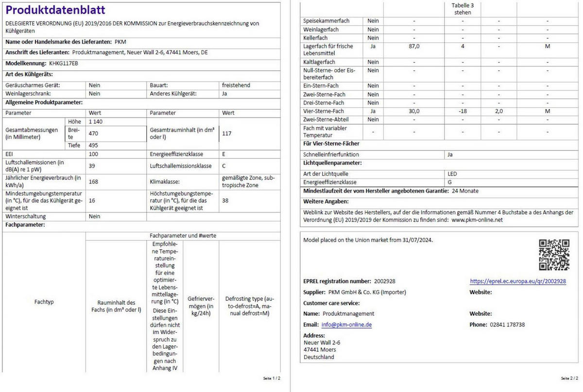 KÜHLGEFRIERKOMBINATION KHKG117ES 117 Liter Schwarz freistehend - Schwarz, Kunststoff (51.5/117/54.5cm) - PKM