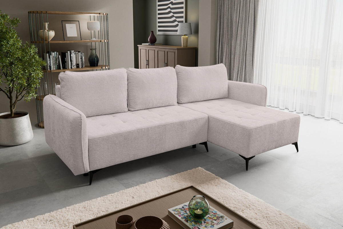 ECKSOFA Lucky in L-Form mit Schlaffunktion und Bettkasten, Farbe: Beige, Strukturstoff, Ottomane Links oder Rechts - Beige, Textil (275/160cm) - VENASI MÖBEL