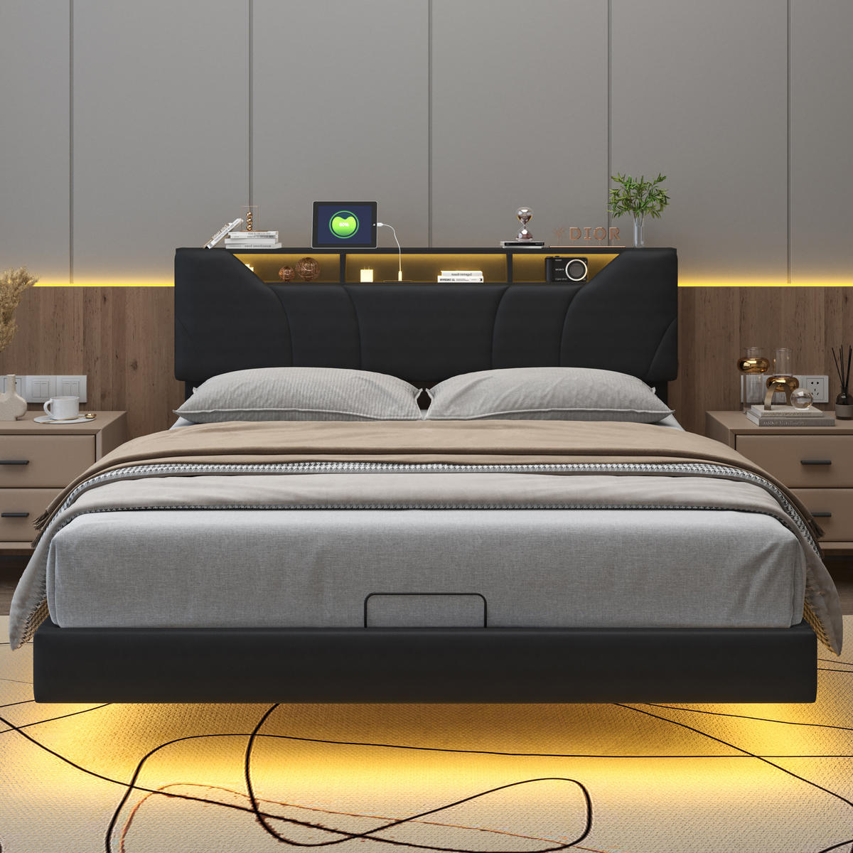 POLSTERBETT 140x200 cm LED USB schwebend Lattenrost schwarz - Schwarz, Holz (140/200cm) - LEBENLANG