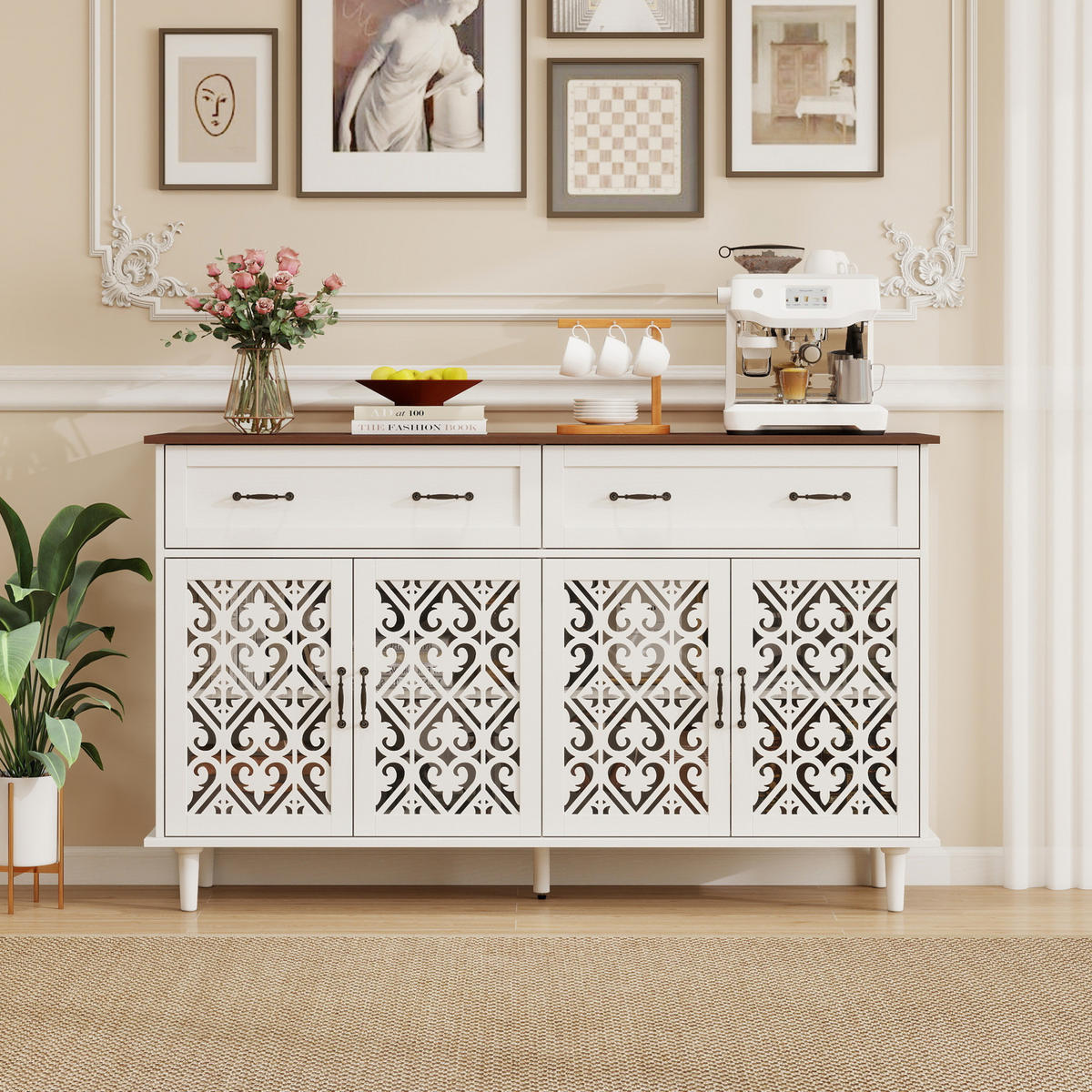 SIDEBOARD 150/40/90 cm weiß aus Holzwerkstoff mit 4 Türen 2 Schubladen und Vintage-Dekor - Weiß, Holzwerkstoff (150/90.3/40cm) - OKWISH