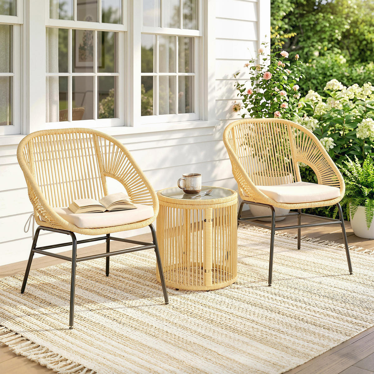 BISTROSET 3-teilig aus Stahl PE-Rattan Beige - Beige/Schwarz, Textil/Metall - Outsunny