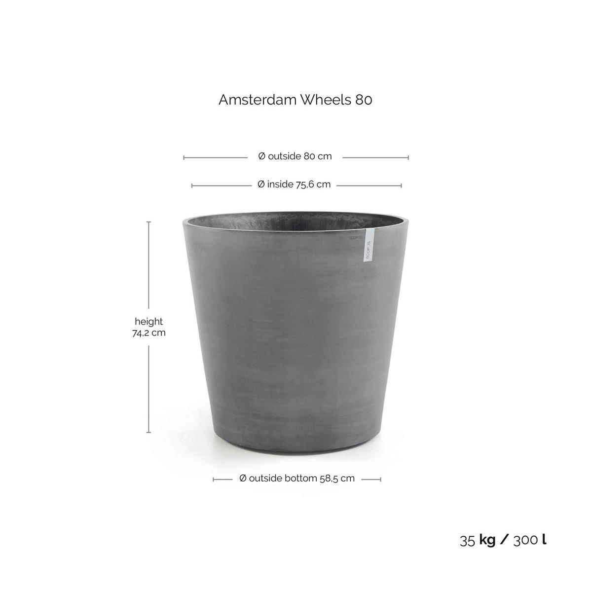 BLUMENTOPF Amsterdam Wheels 80/74,2 cm Grau - Grau, Kunststoff (80/74.2cm) - Ecopots