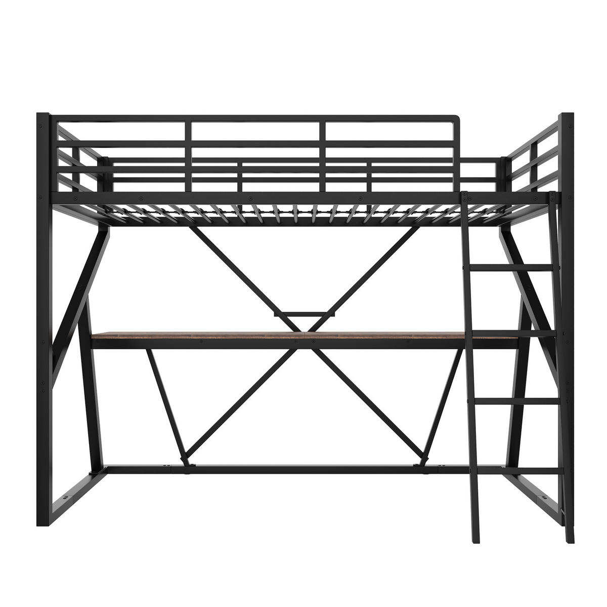 HOCHBETT mit Schreibtisch 90/200 cm in Schwarz – mit LED-Leiste und Rausfallschutz - Schwarz, Metall (90/200cm) - BEAOK