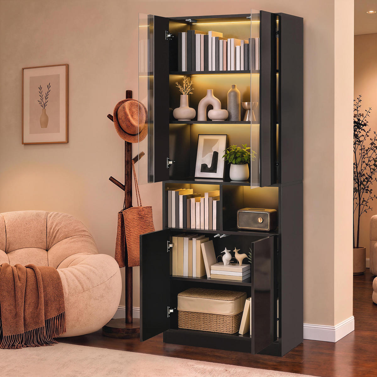 HOCHSCHRANK mit Acrylglas, LED und 2 Türen - Schwarz, Holzwerkstoff (70/180/35cm) - FLIEKS