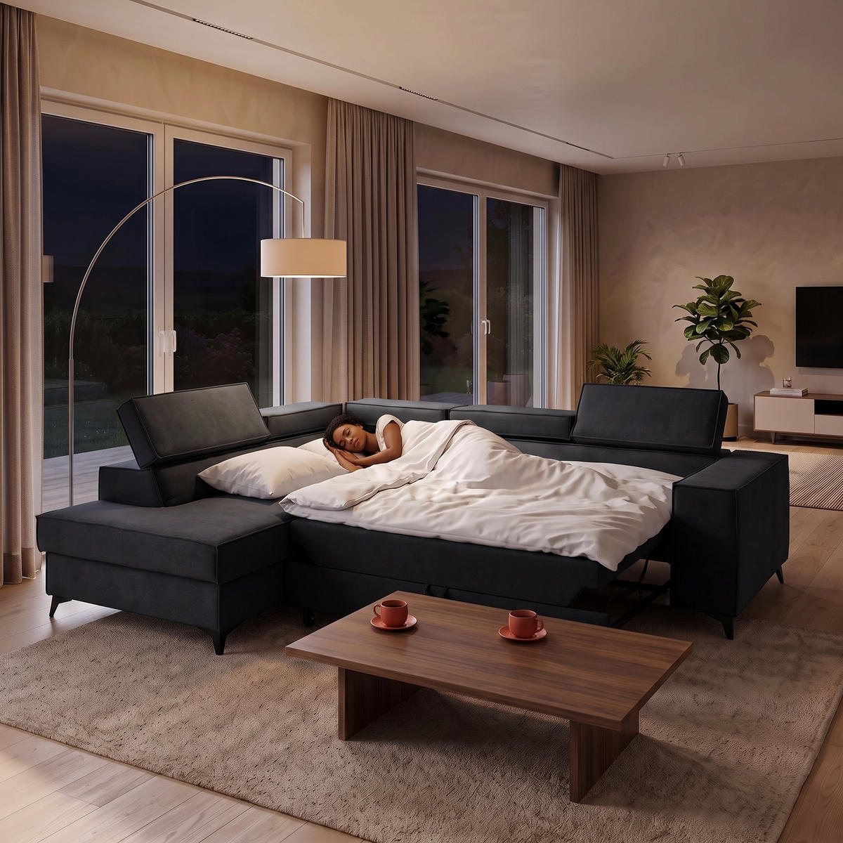 ECKSOFA PURE L Links mit Schlaffunktion 127x199 Velours Graphit - Graphitfarben/Schwarz, Holz/Textil (281/204cm) - Muffo