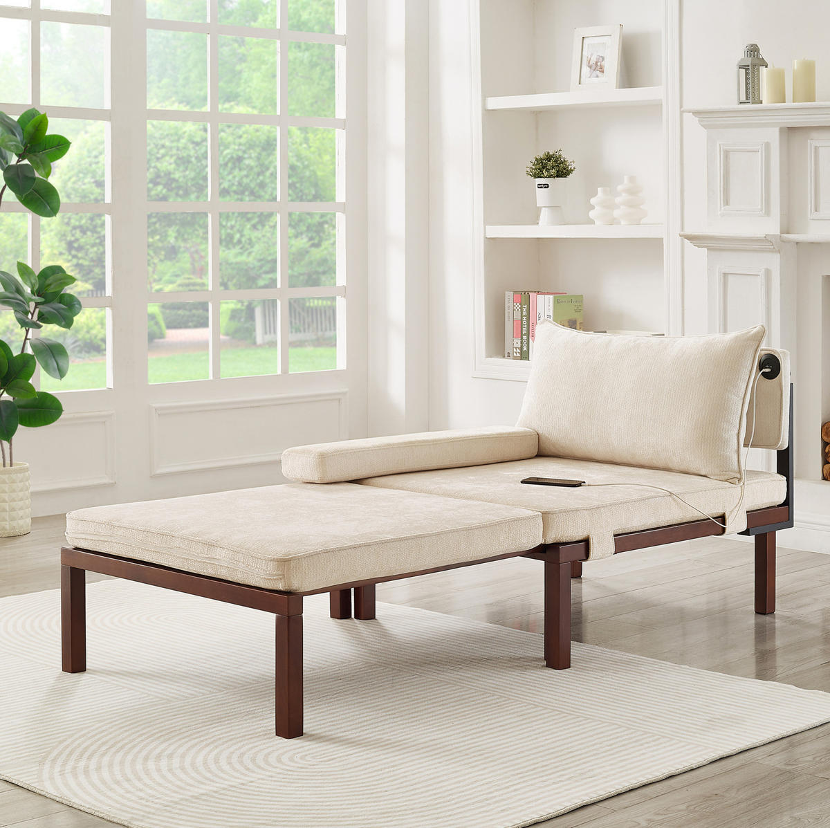 SCHLAFSESSEL 2-in-1 ausziehbar Velvet Beige mit USB Type-C - Beige, Holz (82/79/176cm) - Meubliv