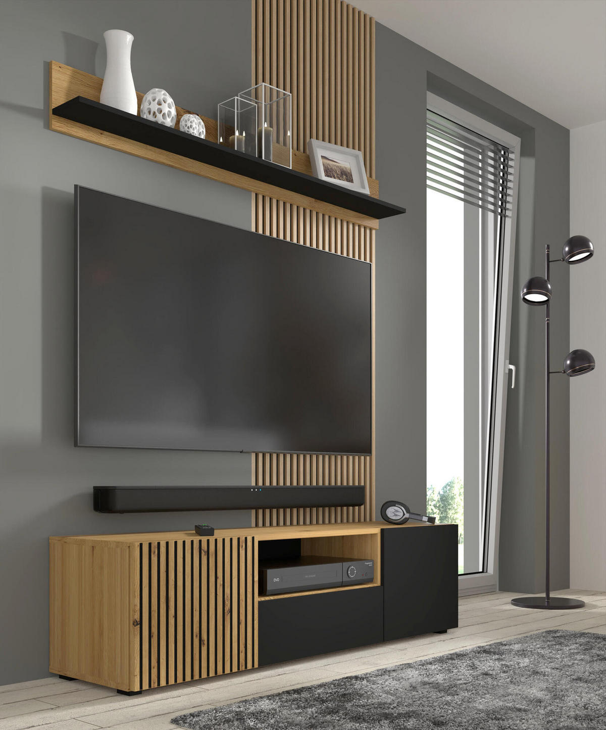 TV-LOWBOARD AURIS Eiche hell, Schwarz 150x42x42 cm - Eichefarben/Schwarz, Holzwerkstoff (150/42/42cm) - FURNLUX