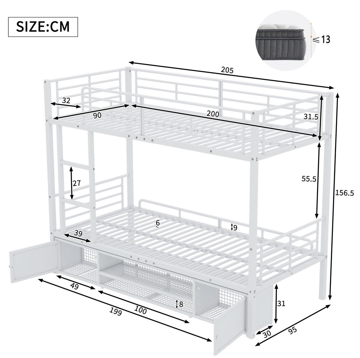 ETAGENBETT 90/200 cm Weiß Metall mit Schuhschrank und seitlicher Leiter - Weiß, Metall (90/200cm) - OKWISH