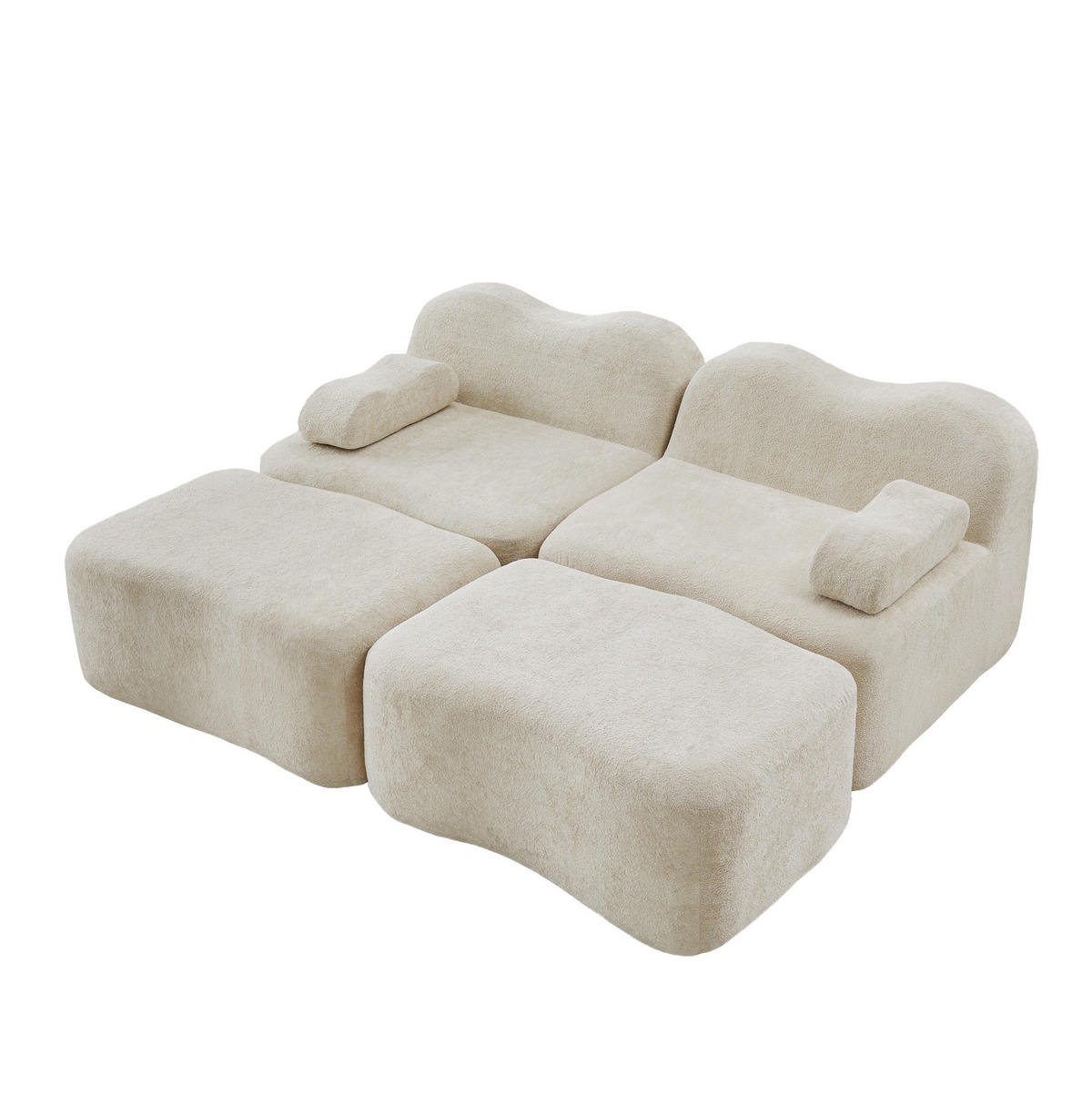 2-SITZER Sofa aus Samt Beige mit 2 Hockern, rahmenloses Design und 32D-Hochdichtschaum - Beige, Textil (192/70/167cm) - Modfu