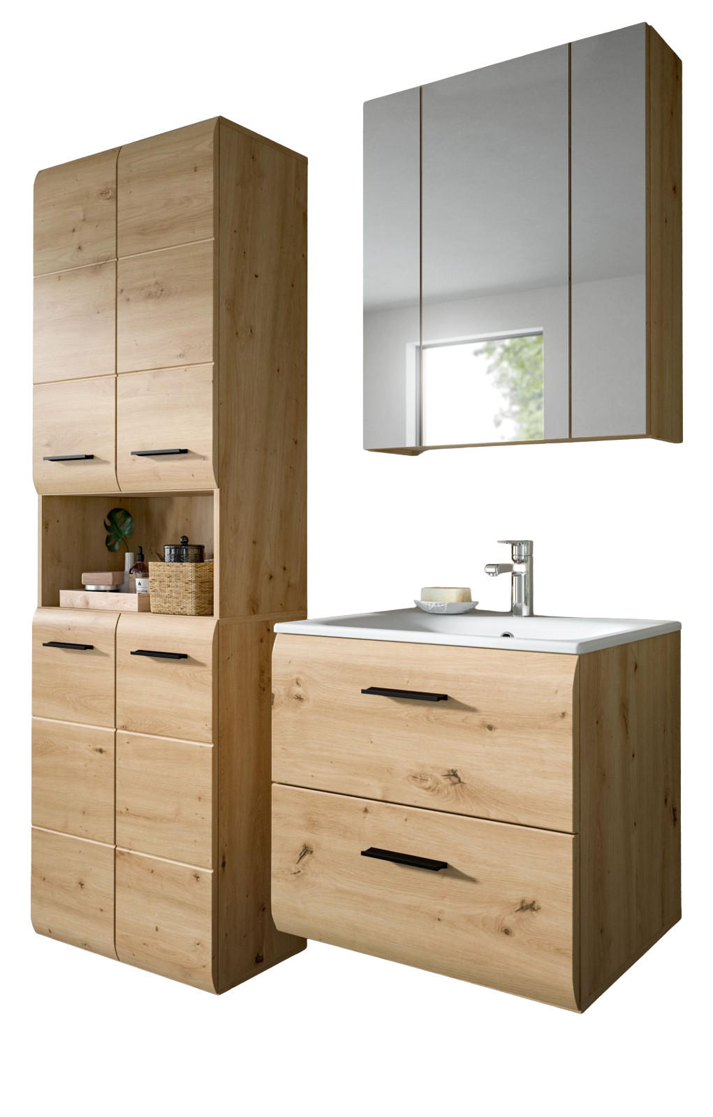 BADMÖBEL-SET 3-teilig in Artisan Eiche, Badkombination mit Waschtisch, 135 x 185 cm Cover - Schwarz/Eiche Artisan, Glas/Keramik (135/185/30cm) - Inn.Furn