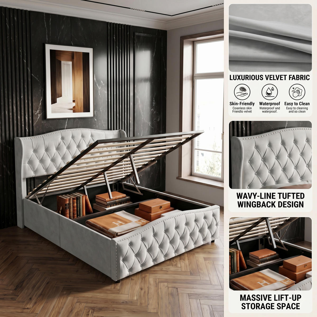 POLSTERBETT Wave-Design 140/200 cm mit Bettkasten & Nietendekor Samtstoff Grau - Grau, Textil (140/200cm) - Creahappy