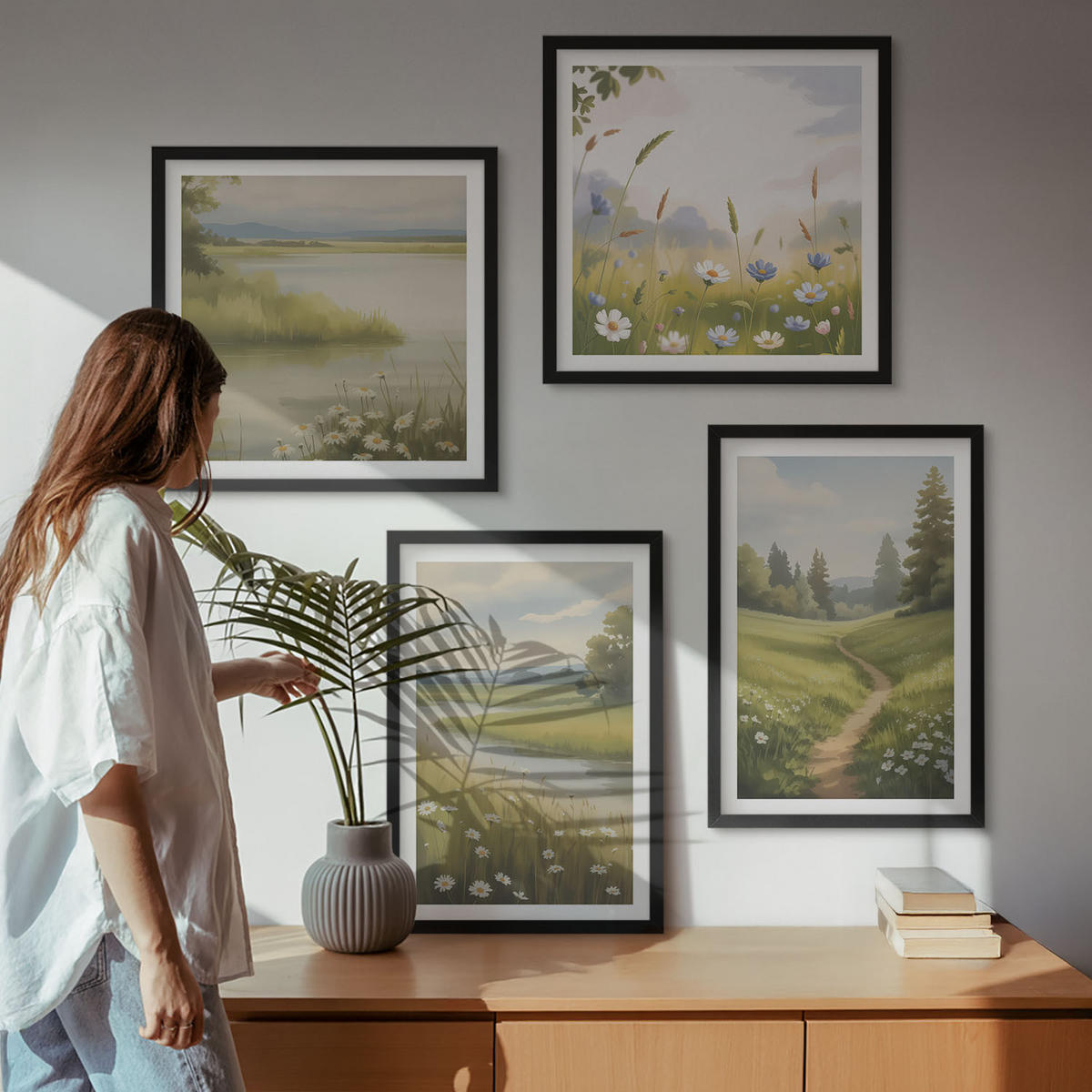 BILDER SET 4er Set - 50x50 cm & 40x60 cm Schwarzer Rahmen - Frühlingslandschaft Flusswiese - Schwarz, Kunststoff (50/50cm) - TULUP