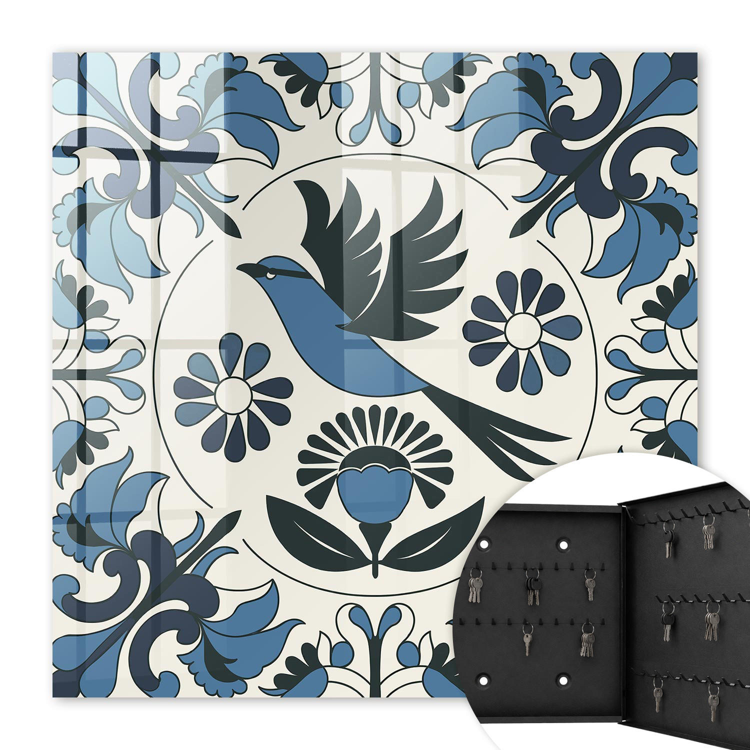 SCHLÜSSELBOX Schwarz 30x30 cm- Türöffnung nach rechts - Blauer Vogel - Blau, Metall (30/30/5cm) - TULUP