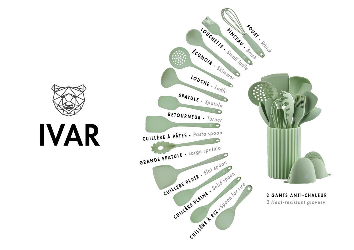 KÜCHENUTENSILIEN-SET aus Silikon IVAR - 15-teilig - Hellgrün, Kunststoff - Björn