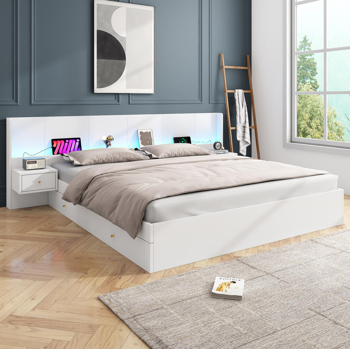 DOPPELBETT aus MDF 180x200 cm Weiß mit LED-Beleuchtung, USB-Anschlüssen, Steckdosen und Stauraum - Weiß, Holzwerkstoff (180/200cm) - IVMEU