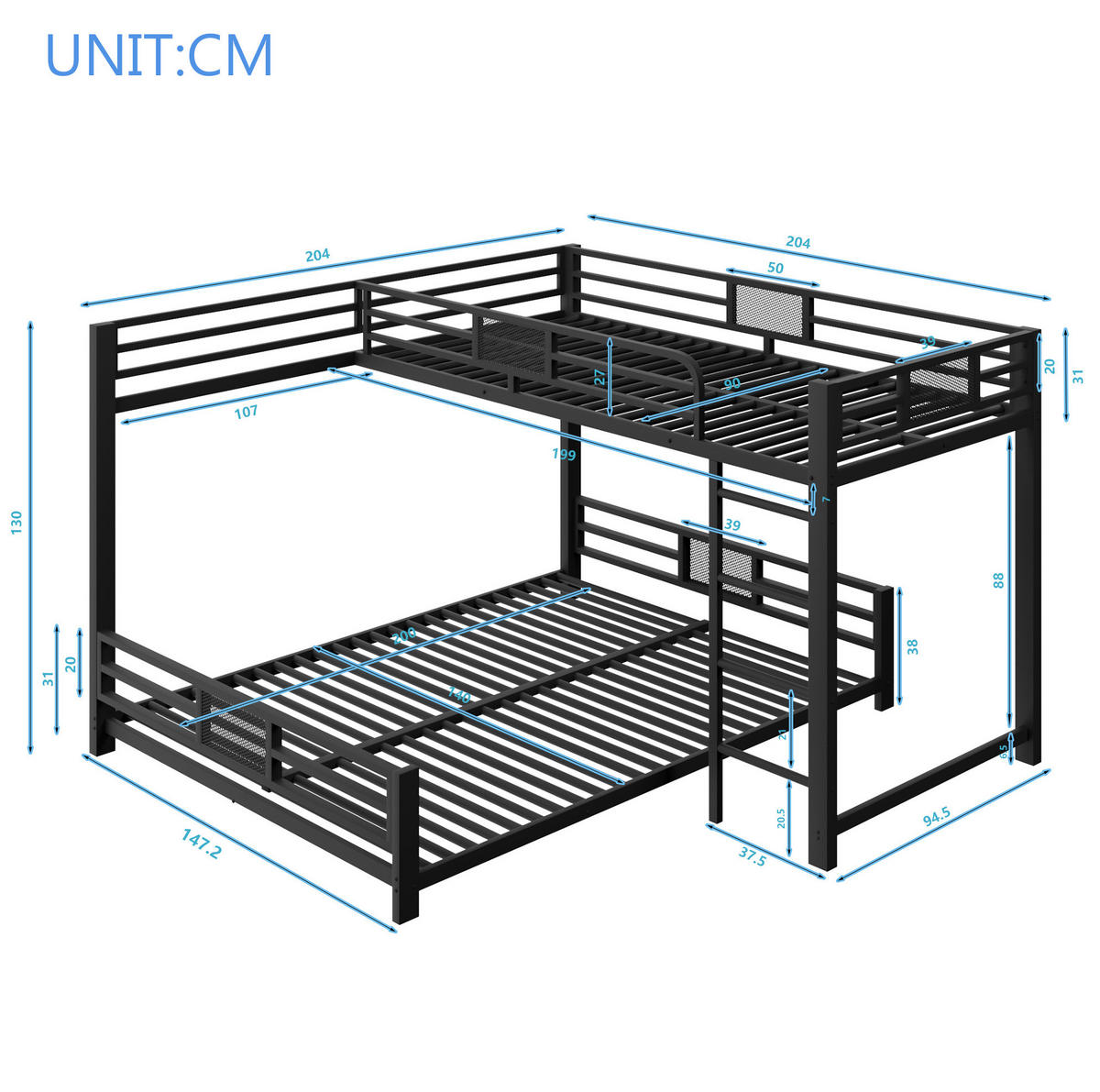 ETAGENBETT 140/200 cm schwarz aus Metall mit L-Form - Schwarz, Metall (140/200cm) - OKWISH