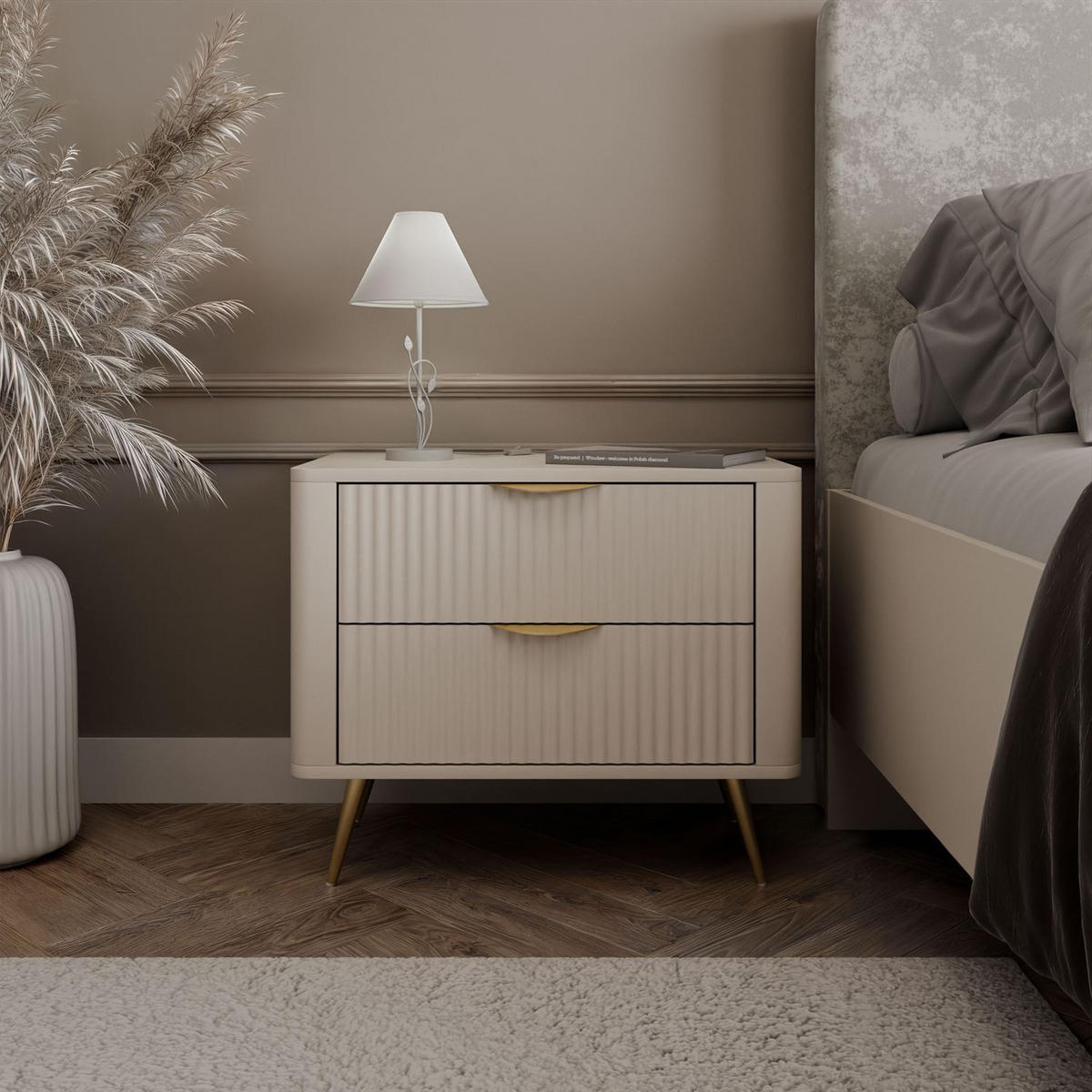 NACHTTISCH SCARLETT 2S MIT SCHUBLADEN BEIGE + GOLD - Beige, Holzwerkstoff (63/55/38cm) - Lookway