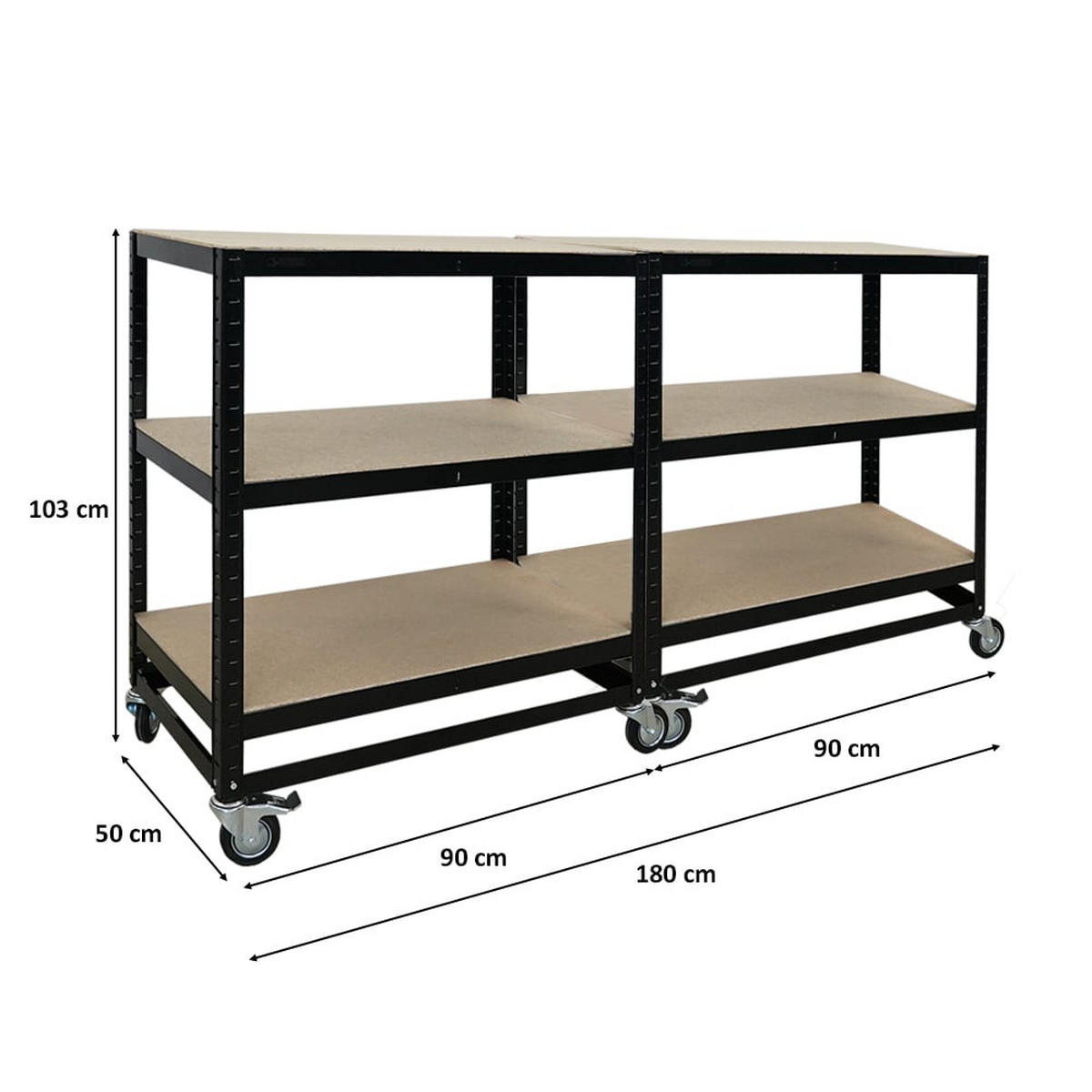 KOMMISSIONIERWAGEN 2er Set BÜFFEL 100x90x50cm 3 Ebenen Fachlast 50kg 2X Lenkrollen & 2X Lenkrollen mit Feststellbremse Schwarz - Schwarz, Metall (180/100/50cm) - PROREGAL