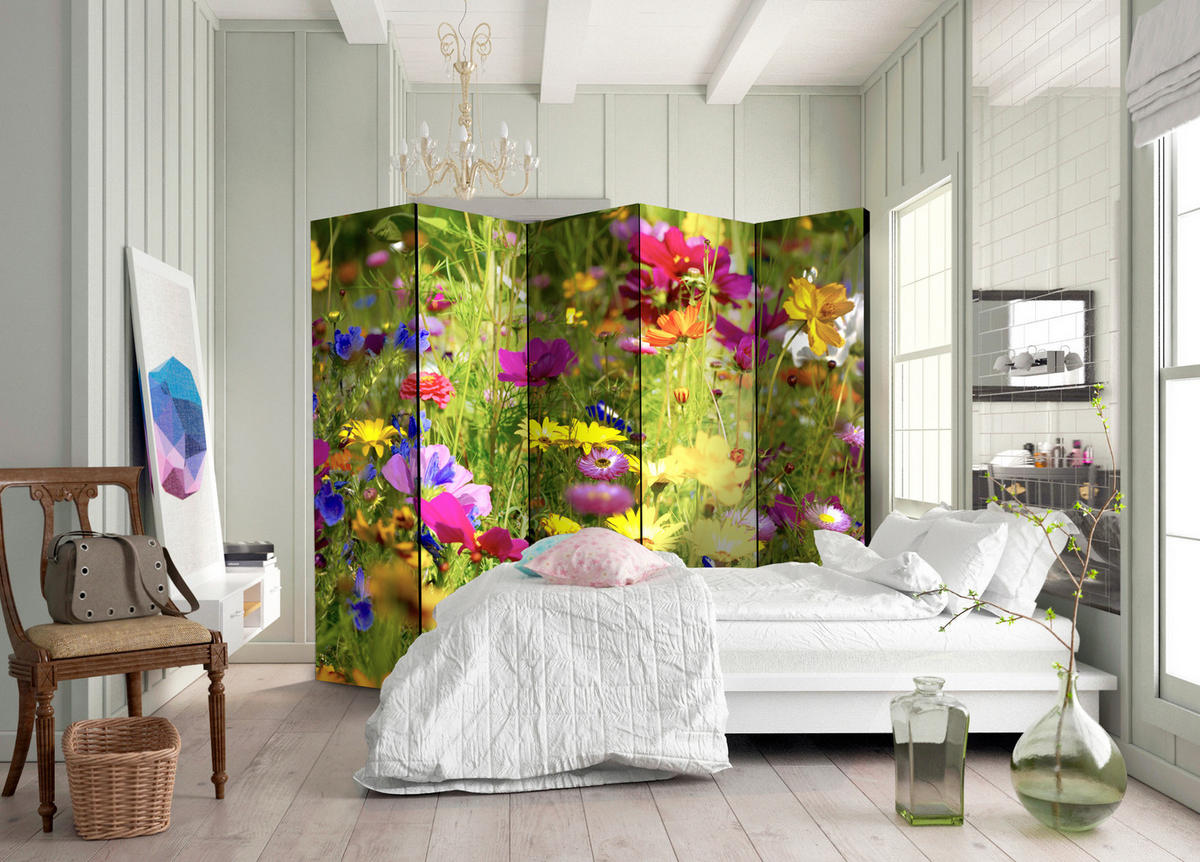 PARAVENT Beidseitig Bedruckter 5-tlg 225x172 cm Sommerblumen - Multicolor, Holz/Textil (225/172/3cm) - Muralo