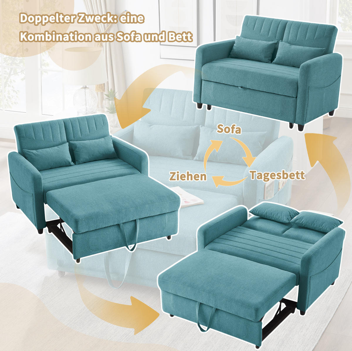 SCHLAFSOFA aus Baumwoll-Leinen-Stoff 166x95 cm Antik Blaugrün mit Ausziehfunktion, 3-fach verstellbarer Rückenlehne und 2 Kissen - Petrol, Kunststoff (114/82.5/77cm) - Modfu