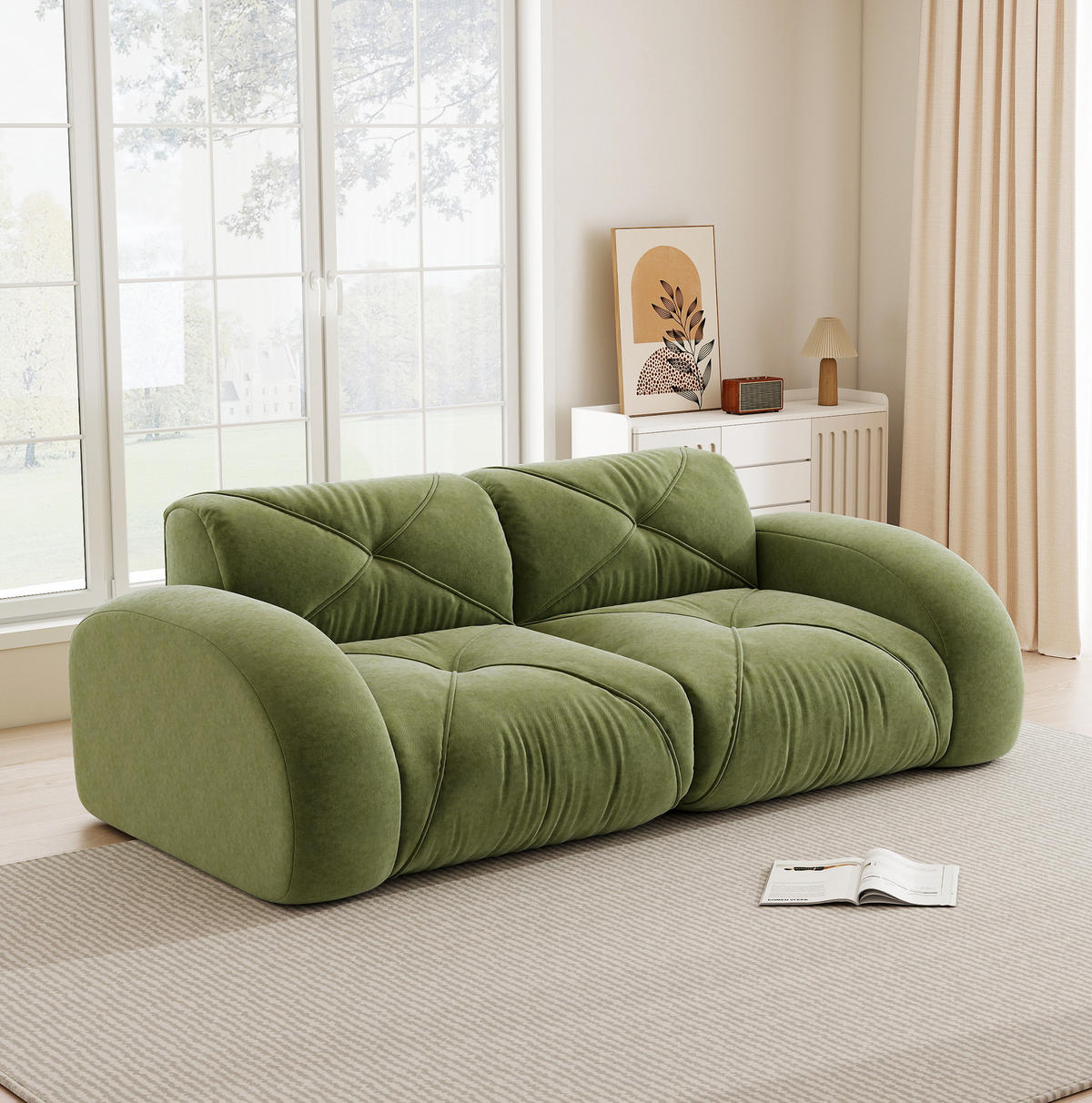 2-SITZER Modulsofa aus Chenille Grün rahmenlos mit 32D-Hochdichteschaum und flexiblem Aufbau - Grün, Textil (204/76/95cm) - Modfu