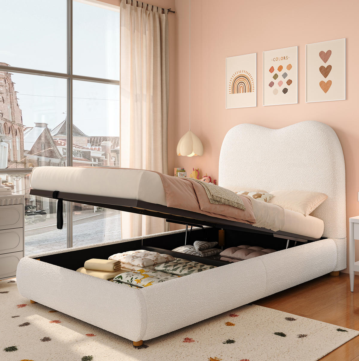 POLSTERBETT mit Stauraum 90x200 cm Bouclé Beige mit Lattenrost - Beige, Metall (90/200cm) - Beauniv