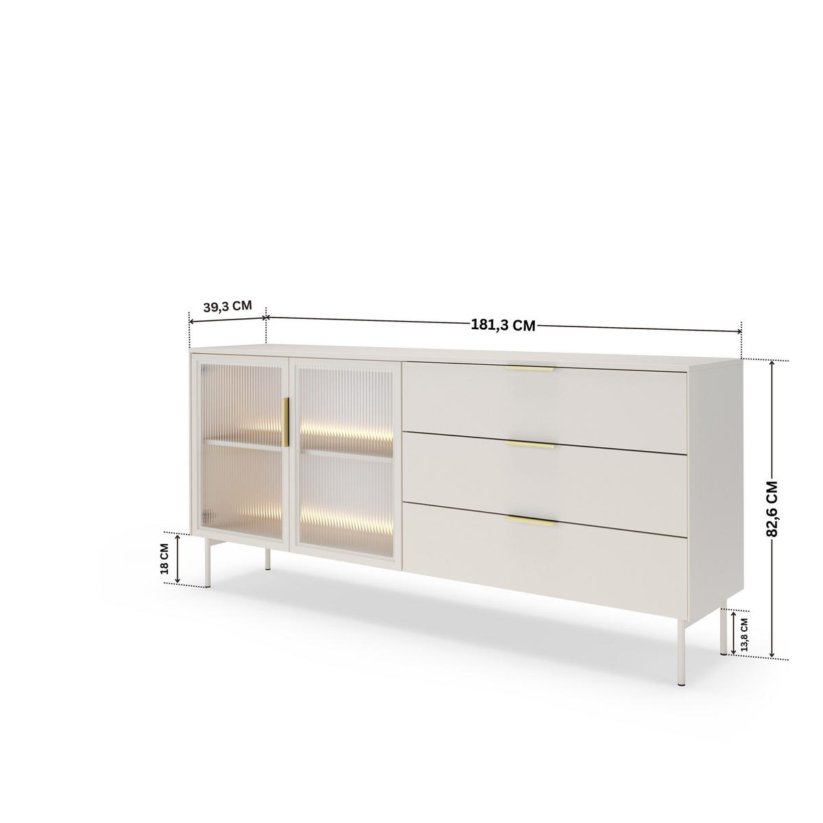 SIDEBOARD LUMI 181 cm Kaschmir - mit 2 Glastüren (links) und 3 Schubladen (rechts) - Kaschmir/Goldfarben, Holz/Holzwerkstoff (181/83/39cm) - Ravio