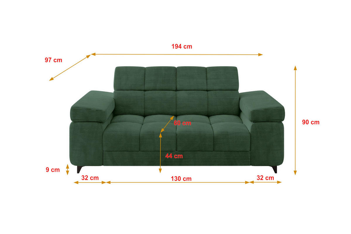 SOFA 2-Sitzer LORD-S1 194x97x90 cm Grün Cord - Grün, Holzwerkstoff/Textil (194/90/97cm) - ALTDECOR