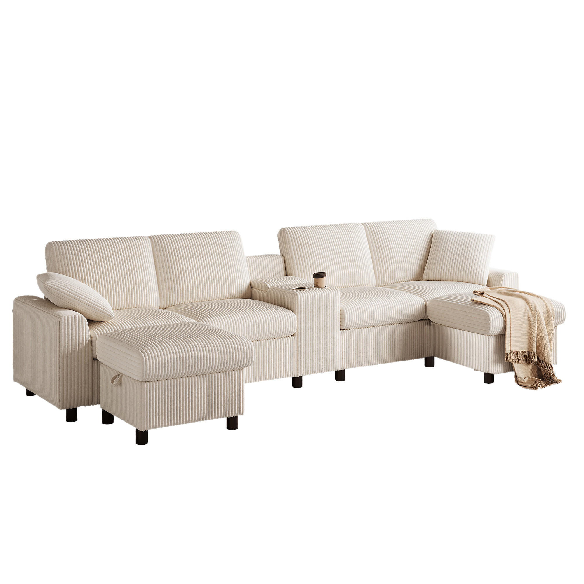 WOHNLANDSCHAFT Corduroy Beige mit 2 Hockern und Tisch mit USB und Type-C-Anschlüssen 315/81/135 cm - Beige, Textil (315/81/135cm) - OKWISH