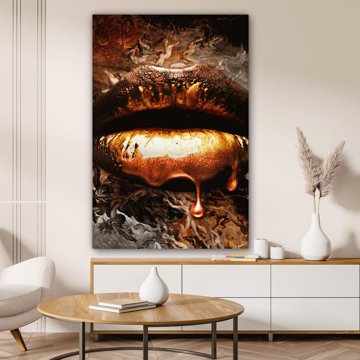 LEINWANDBILD Gold - Lippen - Kunst - Gold - Luxus - Abstrakt Deko XXL 80x120 cm - Kupferfarben, Textil (80/120cm) - MuchoWow