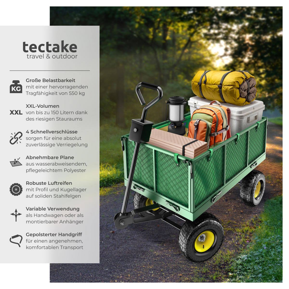 BOLLERWAGEN , Belastbarkeit 550 kg, grün - Grün, Metall (51.5/65/114cm) - tectake