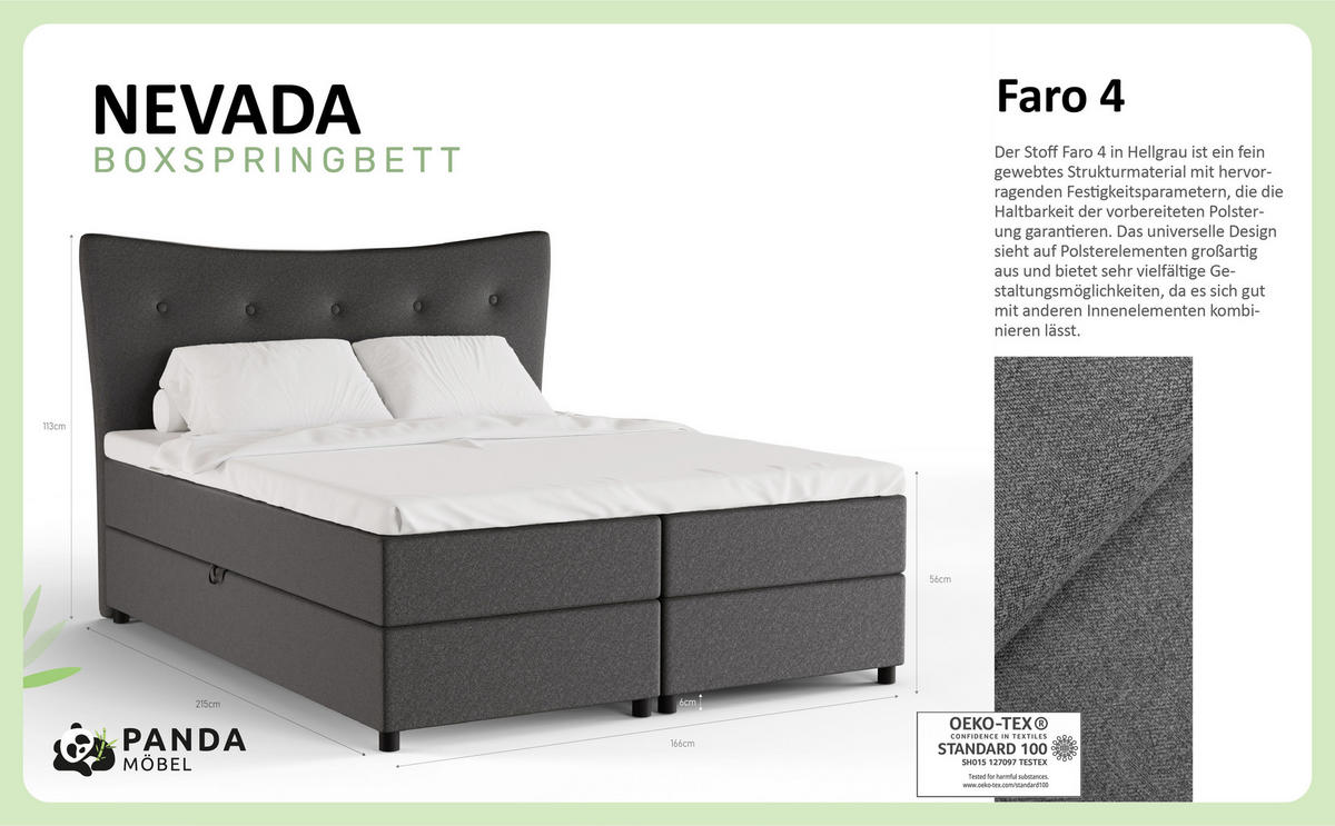 BOXBETT Nevada 160 x 200 cm Doppelbett mit hochwertiger Bonell-Matratze und Topper - Dunkelgrau - Dunkelgrau, Holz (160/200cm) - Panda Möbel