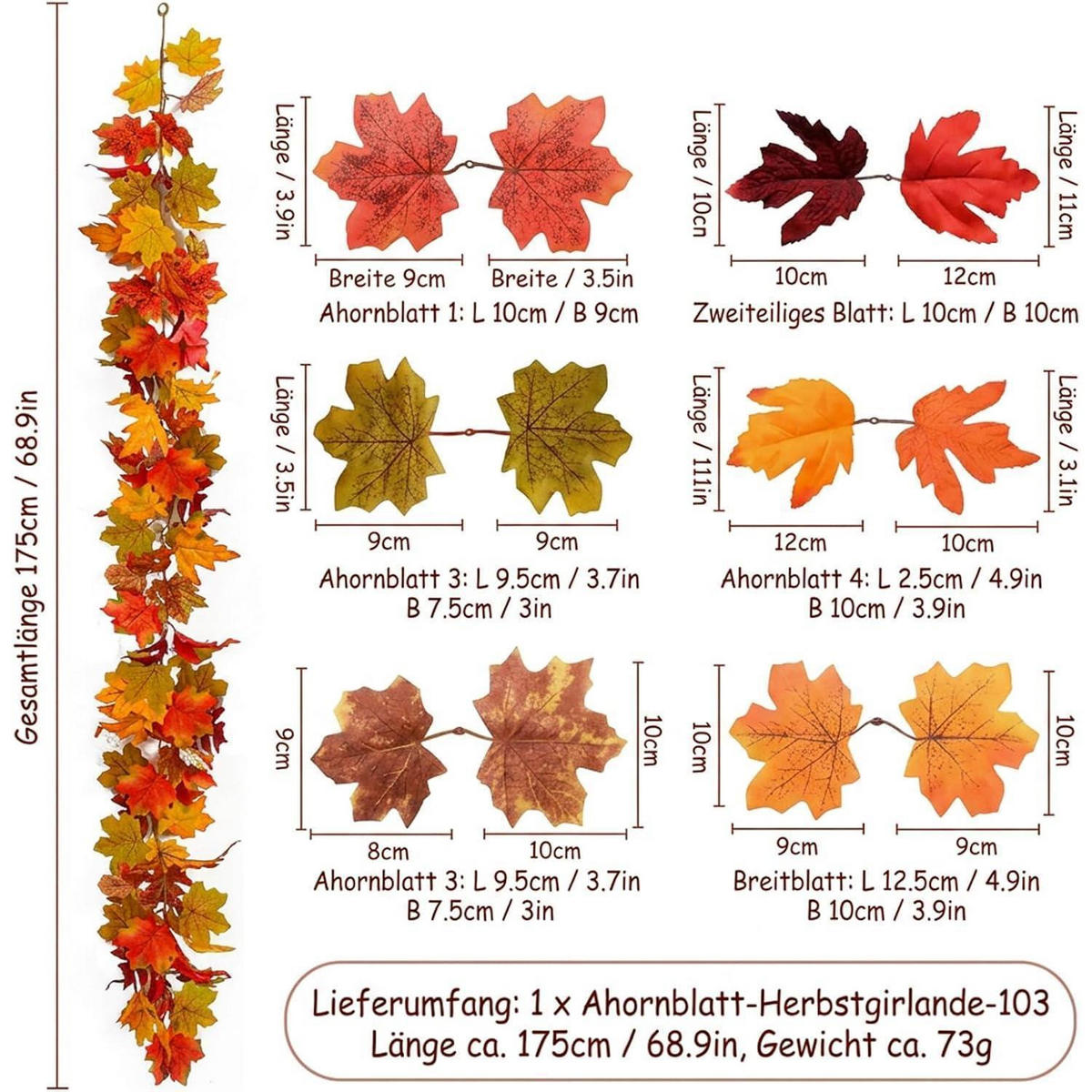 GIRLANDE Herbstblätter 175 cm - Multicolor, Kunststoff (1cm)