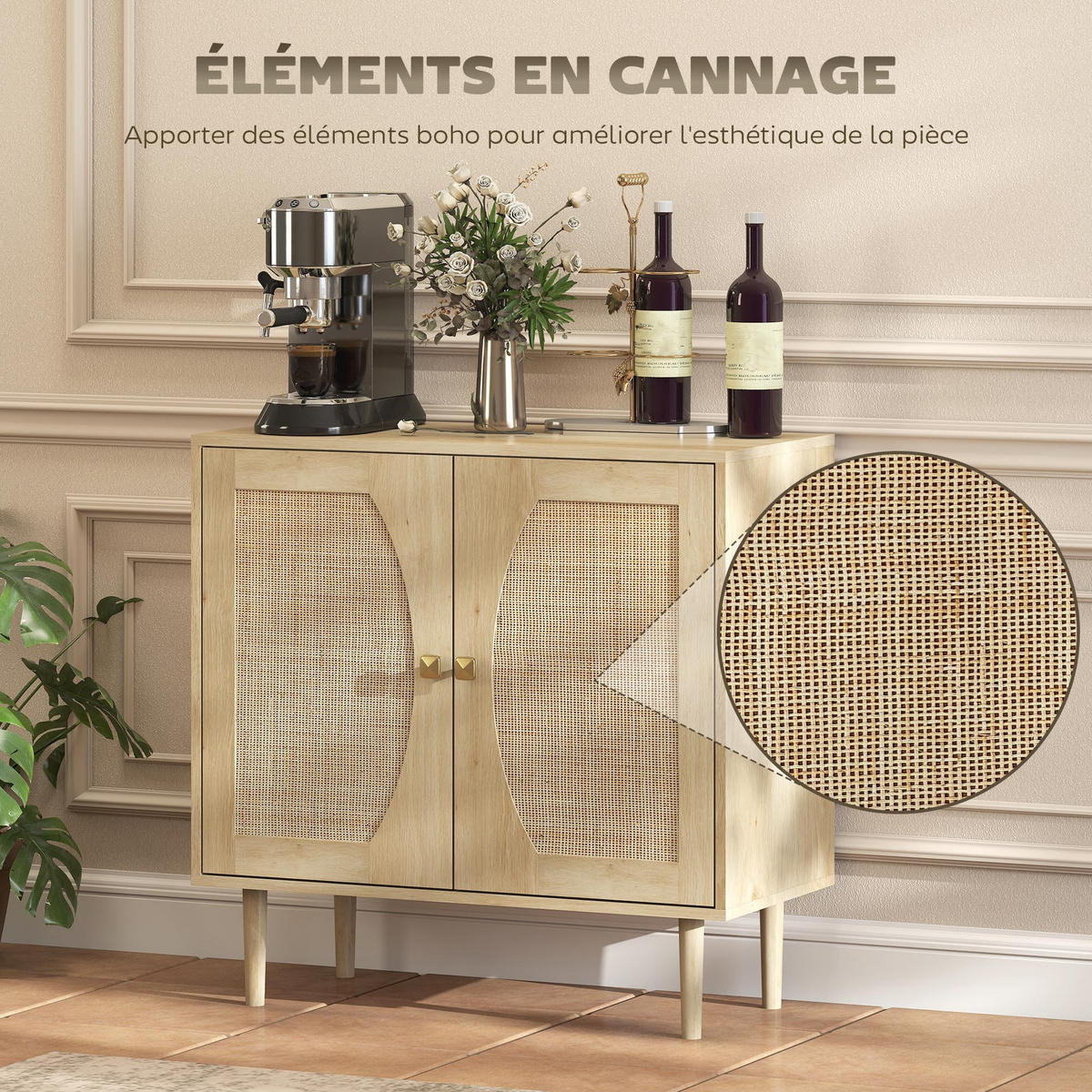 SIDEBOARD DE-11247 2 Türen mit Rattan-Front Naturholz - Naturfarben, Holzwerkstoff (80/79/38cm) - ComfortXL
