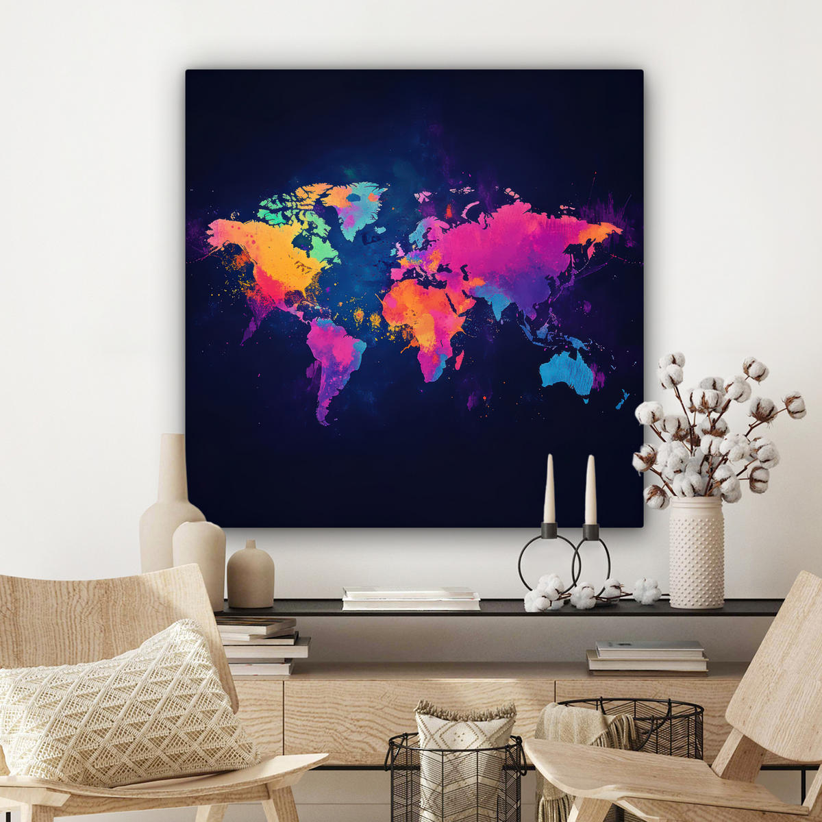 LEINWANDBILD Weltkarte - Bunt - Graffiti 90x90 cm - Multicolor, Textil (90/90cm) - MuchoWow