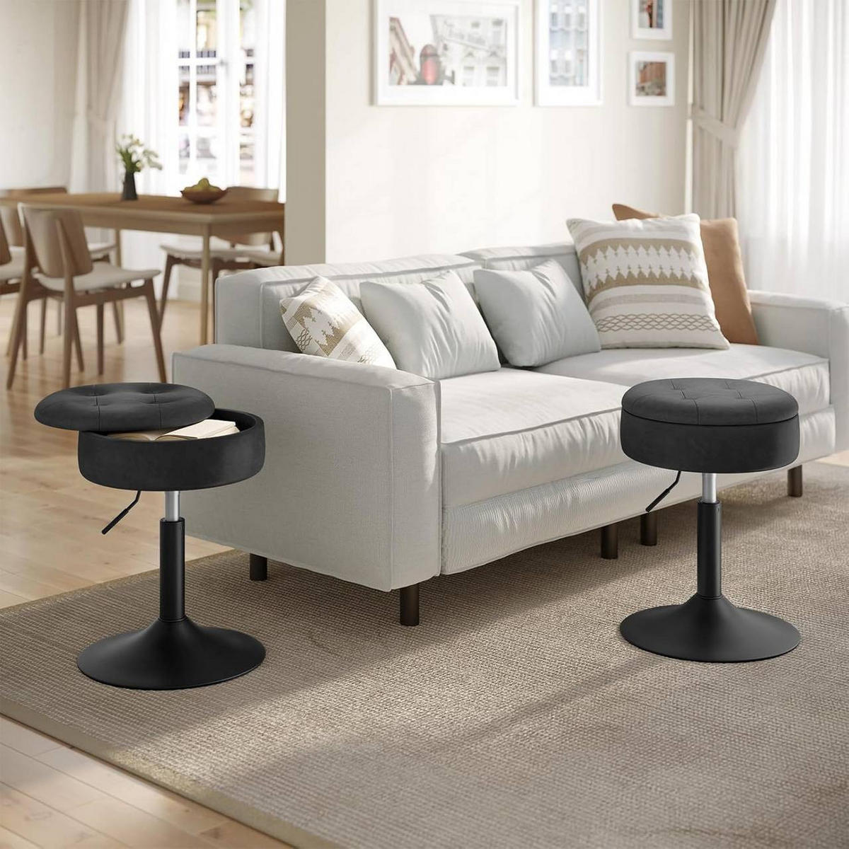 SITZHOCKER 2er Set, mit Stauraum, Kunstleder, Anthrazit - Anthrazit/Schwarz, Textil/Metall (38.5/50/38.5cm) - Woltu