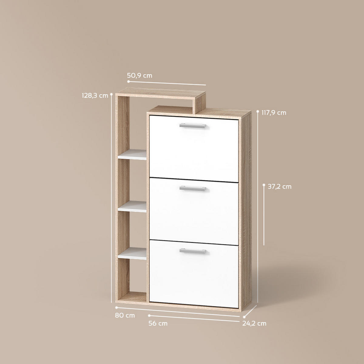 SCHUHKIPPER Ortello Weiß/Sonoma 80 x 128.3 cm mit 3 Fächern - Weiß/Sonoma Eiche, Holzwerkstoff (80/128.3/24.2cm) - Livinity®