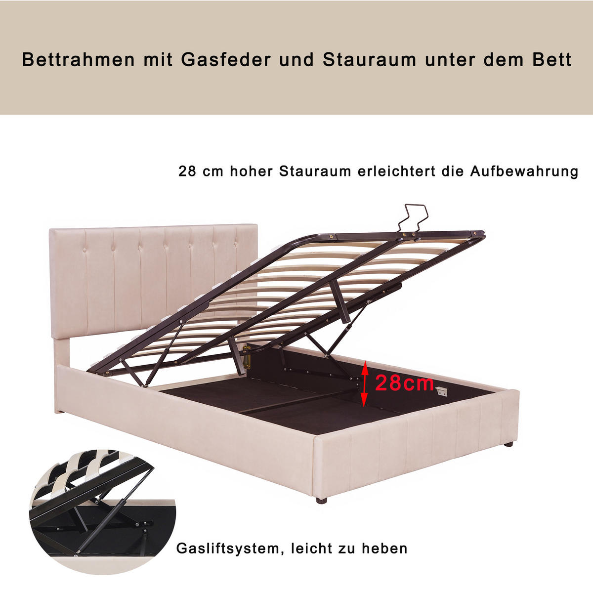 POLSTER-DOPPELBETT 140x200cm, Stauraum, Kopfteil höhenverstellbar, Samt, Dunkelbeige - Beige, Textil (140/200cm)