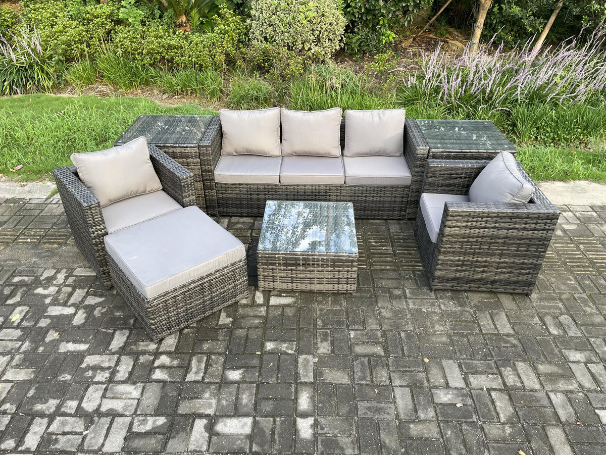 GARTENSET mit Beistelltisch Polyrattan 6-Sitzer - Dunkelgrau, Metall - Fimous