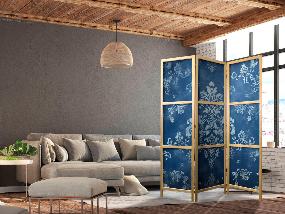 PARAVENT Japanischer 3-tlg 135x172 cm Vintage Ornamente - Blau, Holz/Textil (135/172/3cm) - Muralo