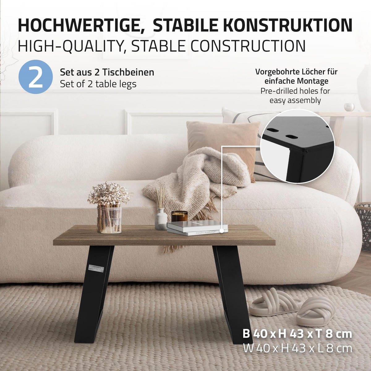 TISCHBEINE 2er Set 80GRAD 40 x 43 cm Schwarz - Dunkelgrau, Metall (40/8/43cm) - ML-DESIGN
