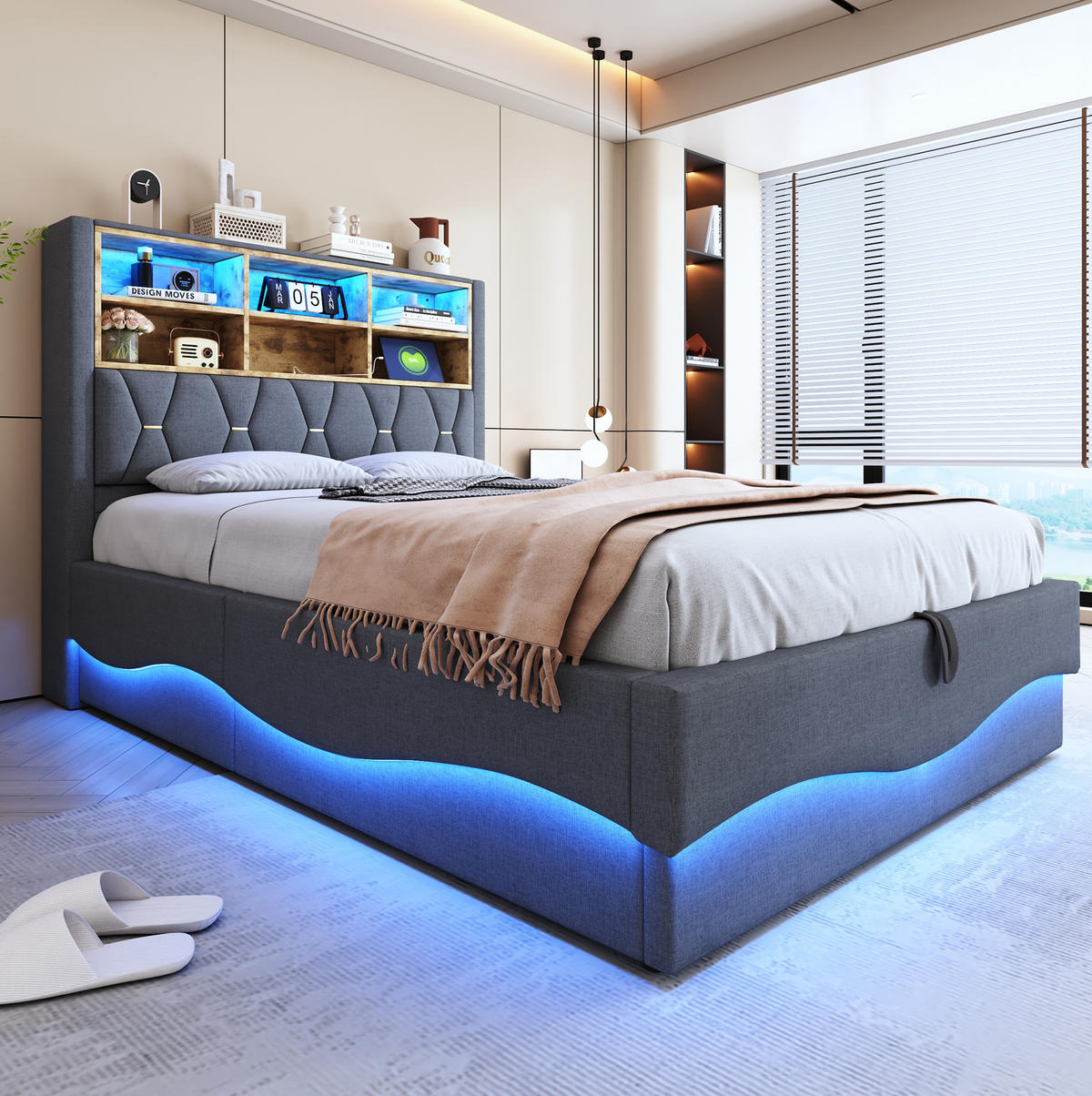 POLSTERBETT 140/200 cm Grau mit Stauraum, LED-Beleuchtung und USB-Anschluss - Grau, Metall (140/200cm) - Flora Grace