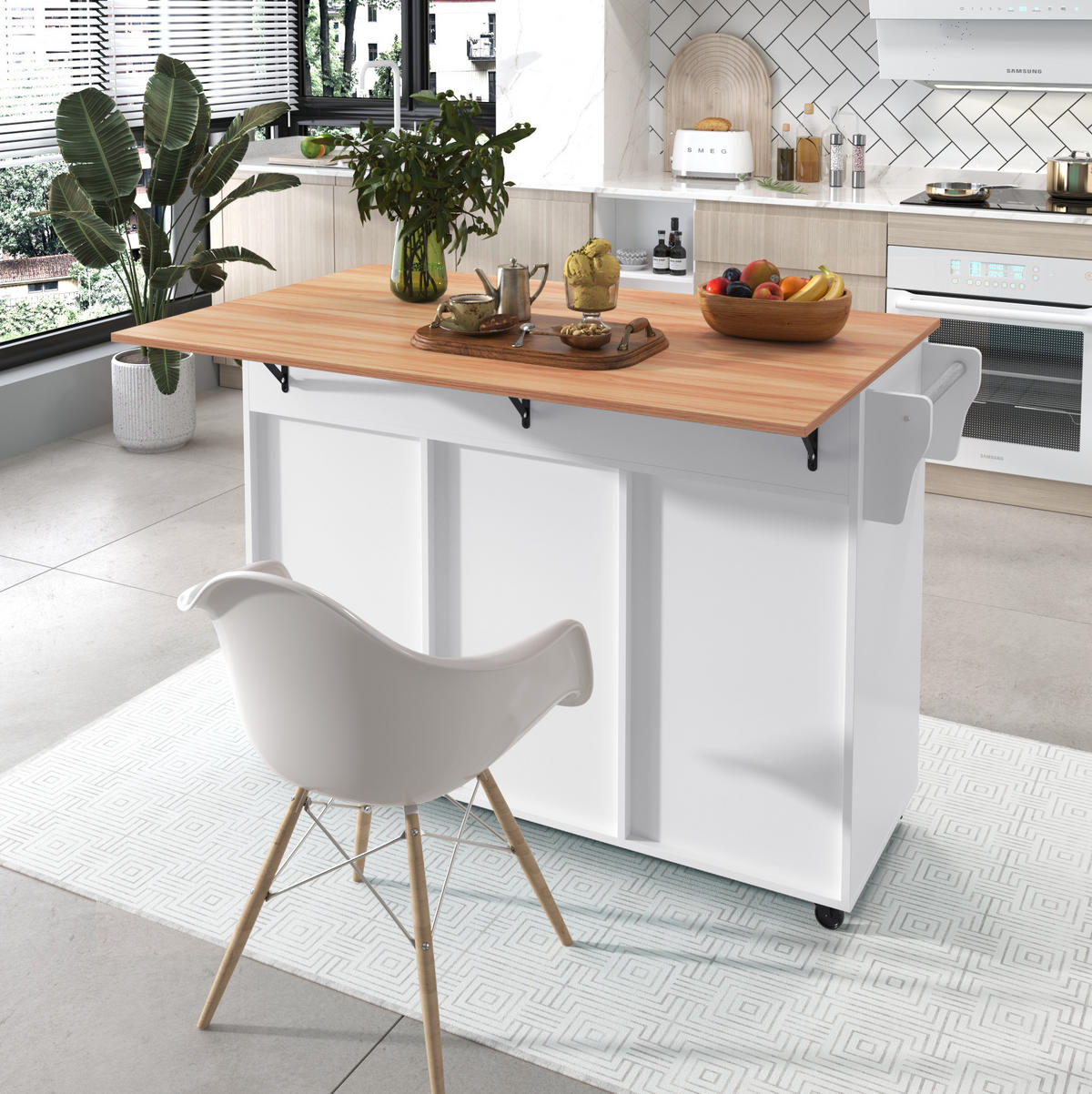 KÜCHENINSEL 129/91,5/71 cm Weiß/Natur aus MDF mit Klappplatte - Weiß, Holzwerkstoff (46/91.5/129cm) - OKMYHOME