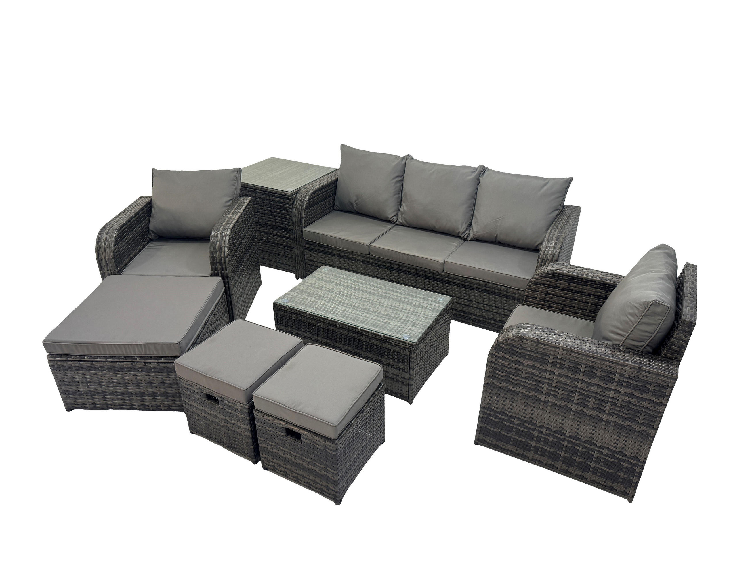 GARTENMÖBELSET mit Couchtisch Polyrattan 8-Sitzer - Dunkelgrau/Grau, Glas/Kunststoff - Fimous