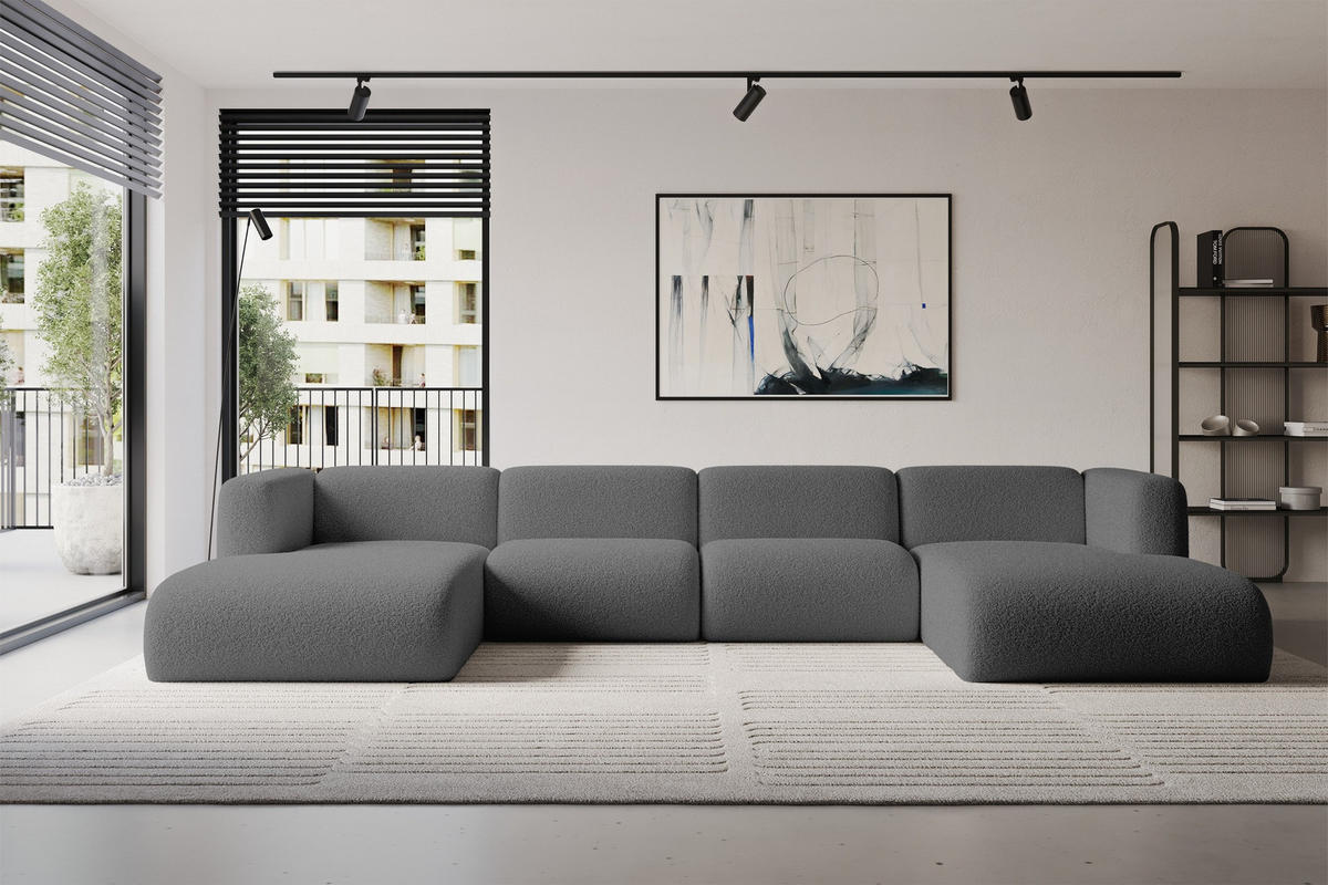 WOHNLANDSCHAFT MIRA-U2 408x179x70 Grau Bouclé - Platinfarben/Schwarz, Holzwerkstoff/Kunststoff (408/70/179cm) - ALTDECOR