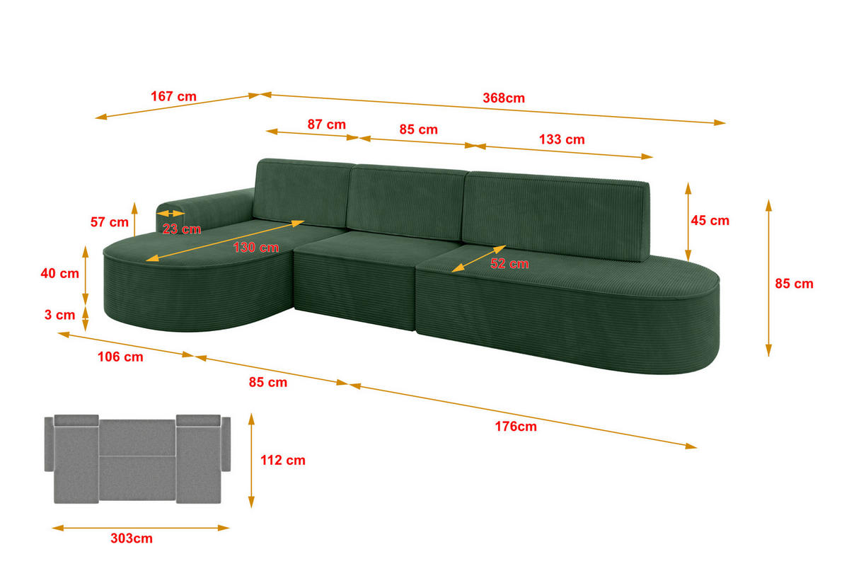ECKSOFA mit Schlaffunktion Ottomane Links MARI L2-S 368X167X85 Grün Cord - Dunkelgrün/Schwarz, Holzwerkstoff/Kunststoff (368/167cm) - ALTDECOR