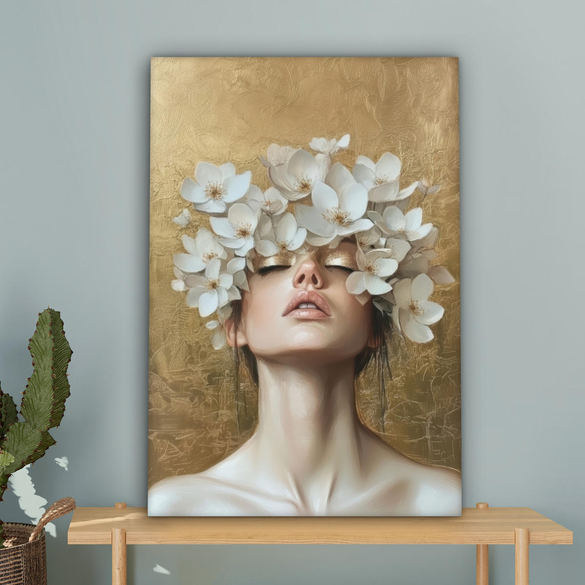 LEINWANDBILD Gesicht - Blumen - Gold - Abstrakt Wanddeko Schlafzimmer 60x90 cm - Goldfarben, Textil (60/90cm) - MuchoWow