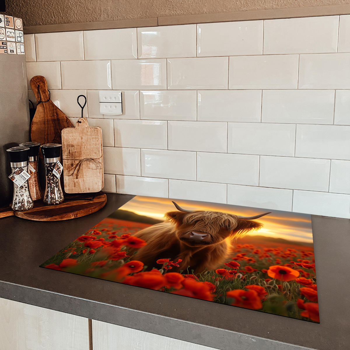HERDABDECKPLATTE Schottische Highlander - Rosen - Blumenfeld - Sonnenuntergang Herdabdeckung Induktionsfeld 65x52 cm - Rotbraun, Kunststoff (65/52/0.2cm) - MuchoWow