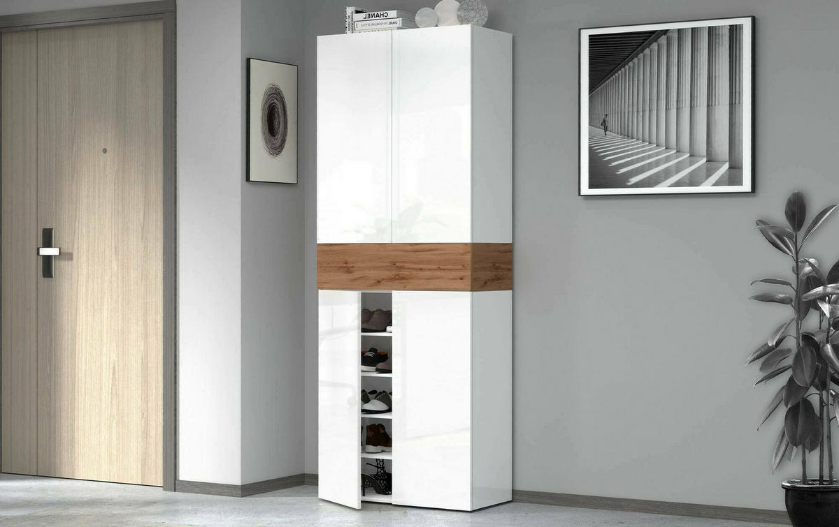 SCHUHSCHRANK Glänzendes Weiß, Eiche 38/76/200 cm - Weiß, Holzwerkstoff (76/200/38cm) - DMORA