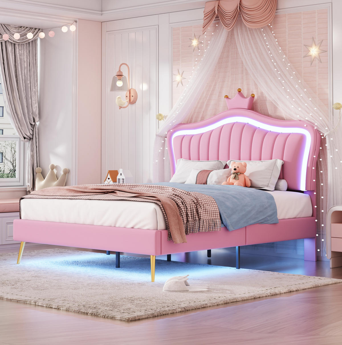 POLSTERBETT mit LED-Beleuchtung 140/200 cm in Rosa mit gepolstertem Kopfteil - Pink, Textil (140/200cm) - BEAOK